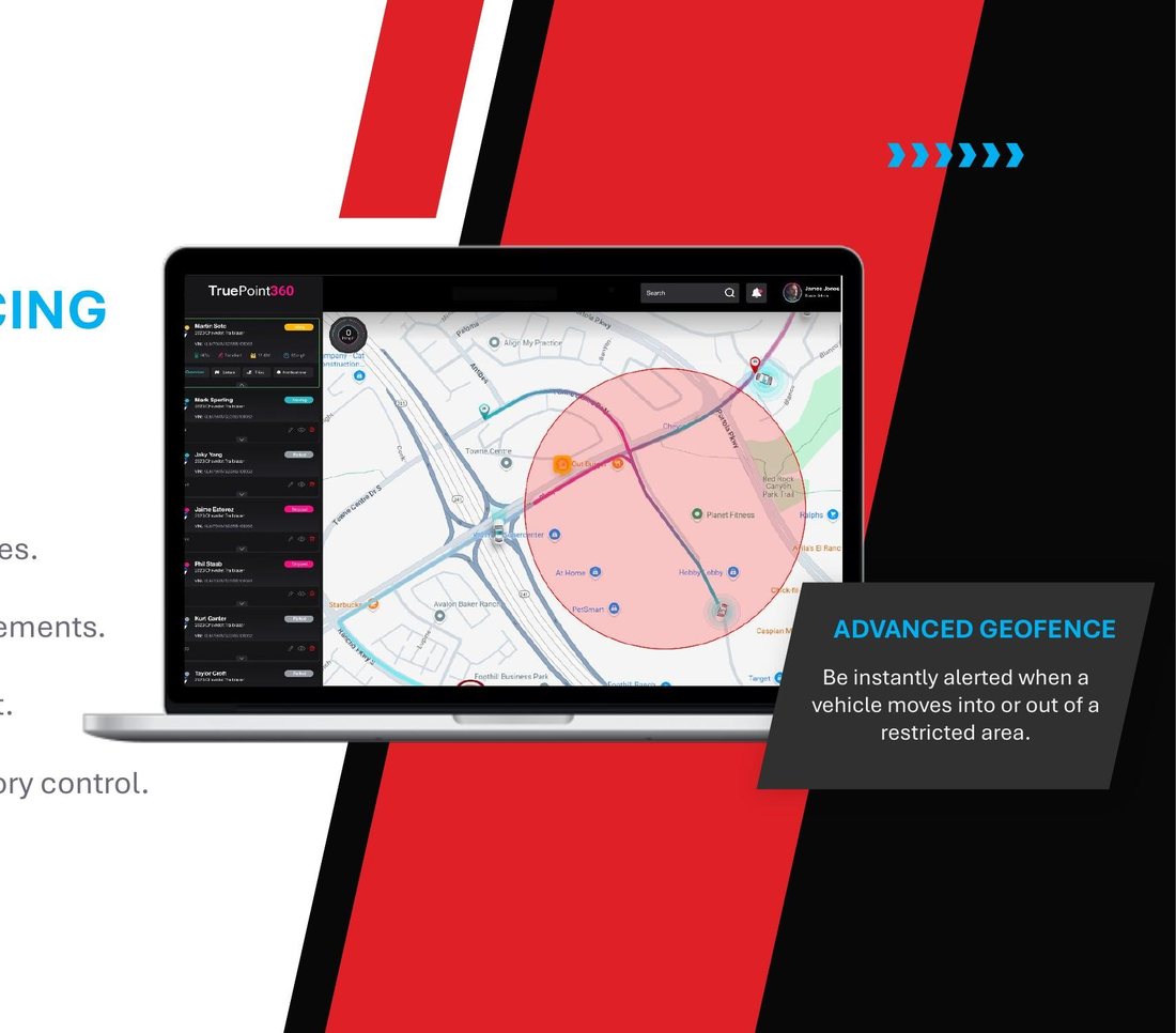 TruePoint360 geofencing dashboard showing a custom safe zone with vehicle alerts
