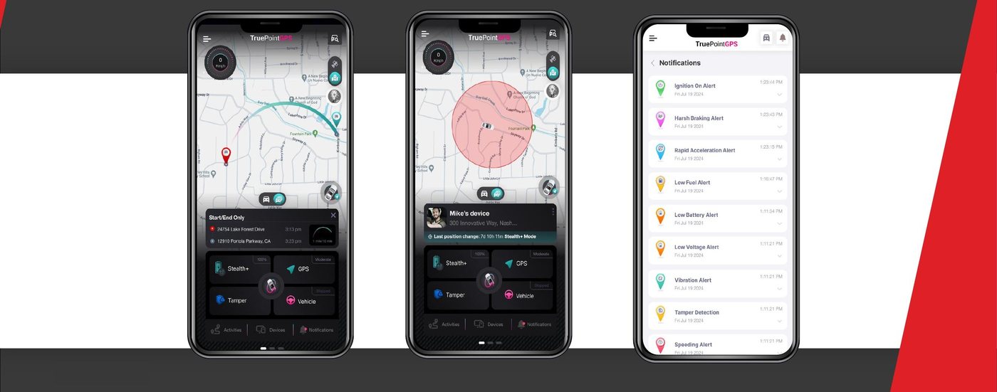 TruePoint GPS mobile app showing trip history, geofence, and notifications screens